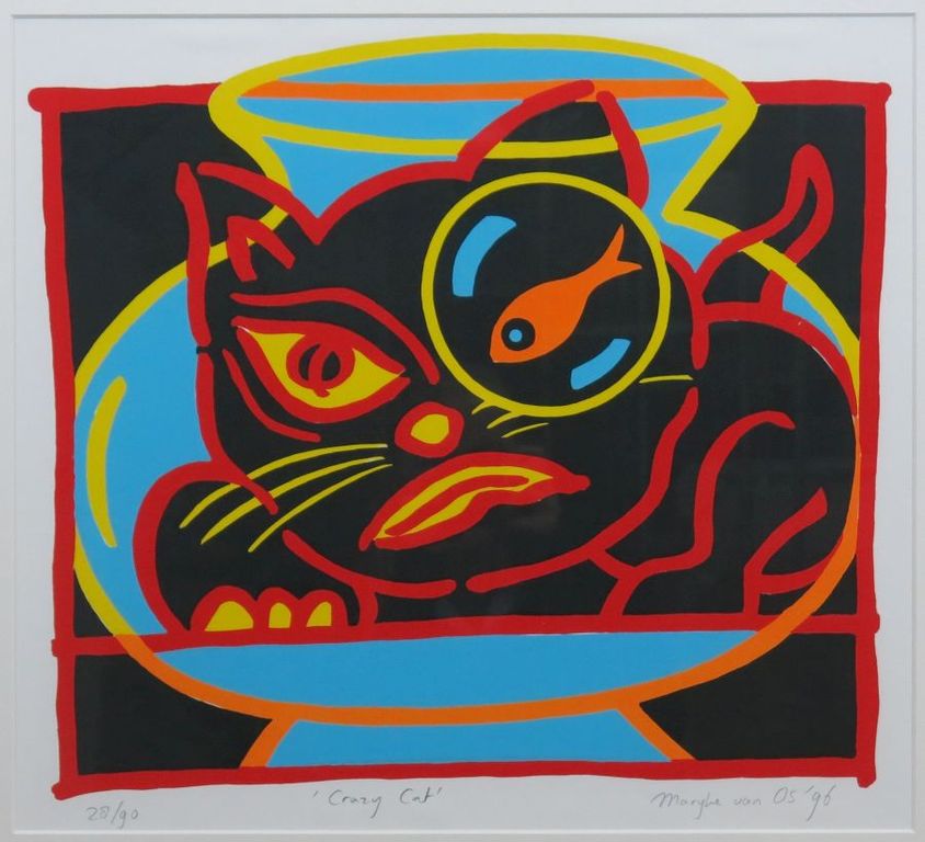 Marijke van Os: Zeefdruk, Crazy Cat -Ingelijst verkocht voor € 40!
