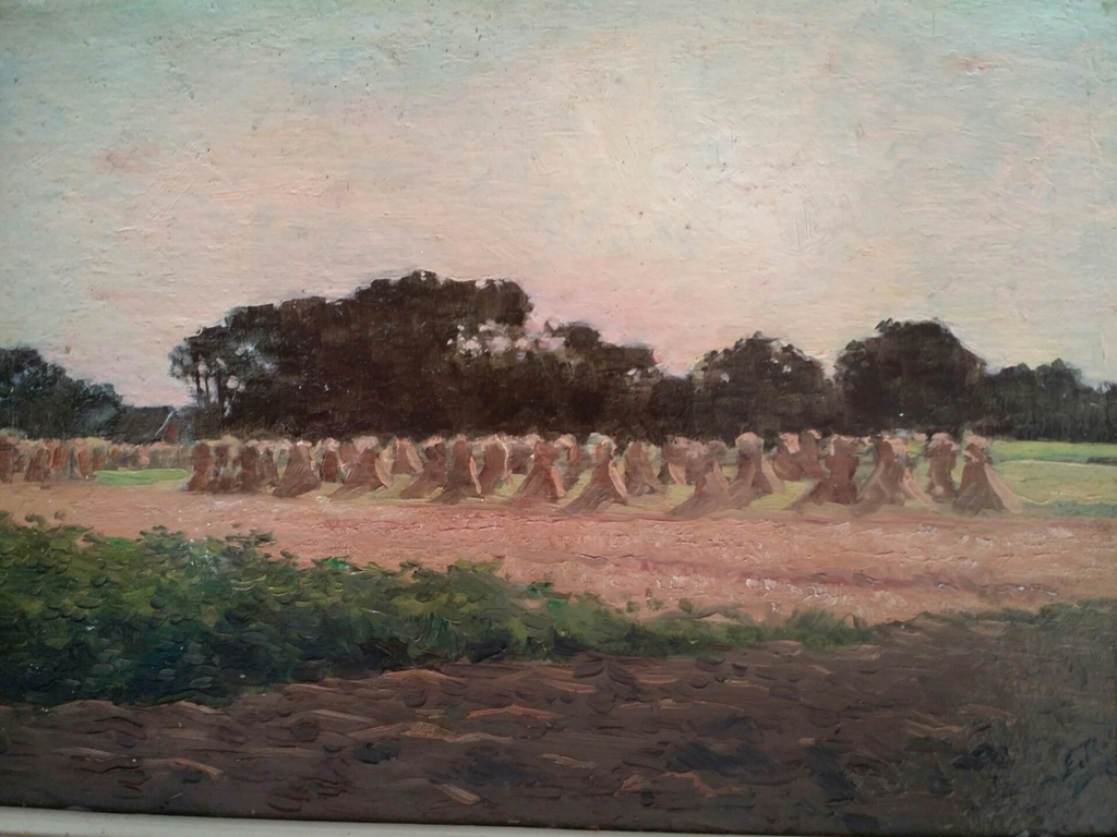 Evert Rabbers. Olieverf op board. Korenveld in avondrood. verkocht voor € 175!