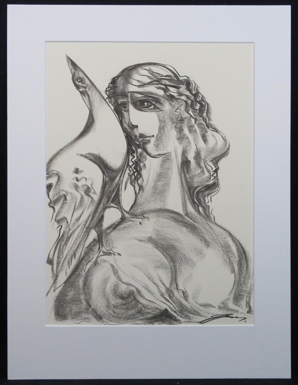 Tjavdar Iliev: Krijttekening, Vrouw en vogel kopen? Bied vanaf 35!