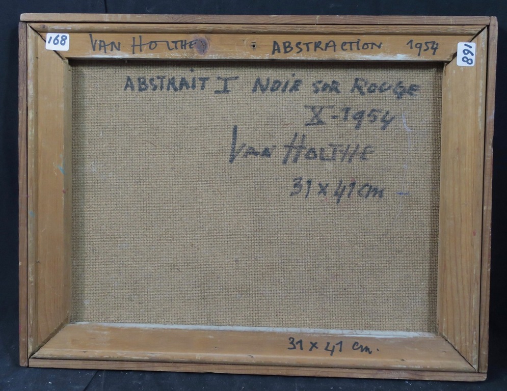 Jan van Holthe: Olieverf op board, Abstrait I Noir sur rouge - Ingelijst kopen? Bied vanaf 50!