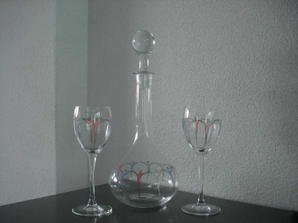 Corry Ammerlaan - Van Niekerk:  glazen wijnkaraf met twee glazen kopen? Bied vanaf 30!