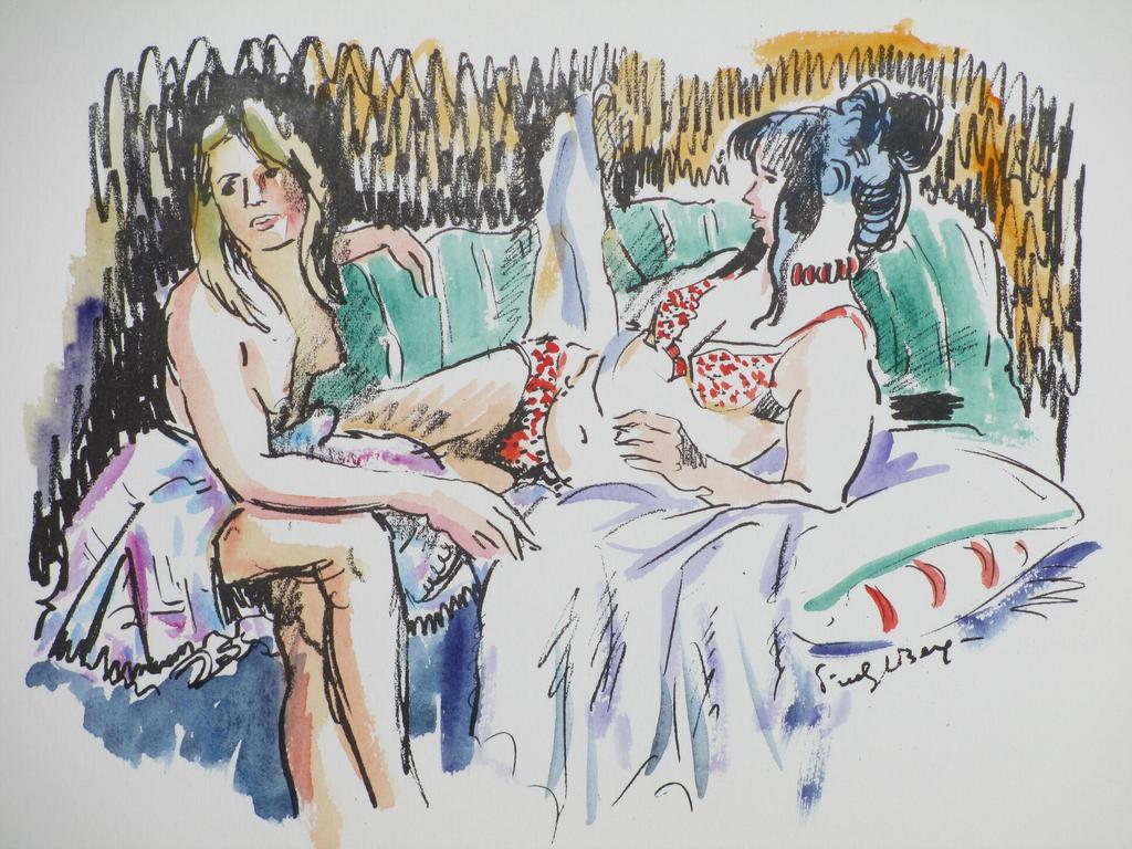 Freek van den Berg, Vriendinnen op de bank, Ingekleurde litho 1974 sold for € 40!