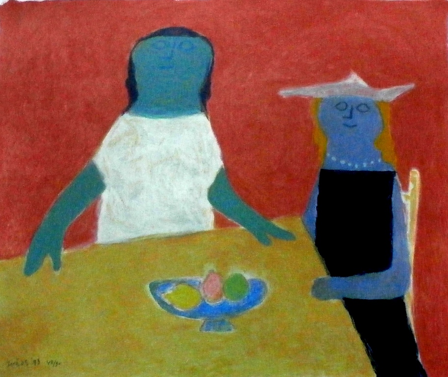 Jan Roede - ingelijste zeefdruk: aan tafel - 1993 verkocht voor € 125!