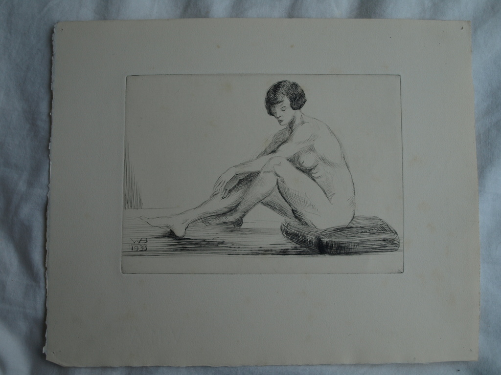 Gesigneerd: WB : Ets , Naakte vrouw op de grond - 1933 kopen? Bied vanaf 1!