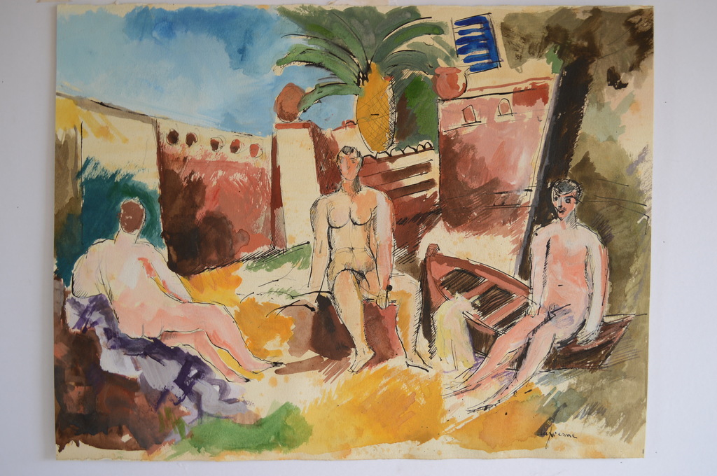 Charles Dufresne ( 1876-1938 ) aquarel-pen 60 x 40 3 mannen in St.Tropez (1932)  verkocht voor € 350!