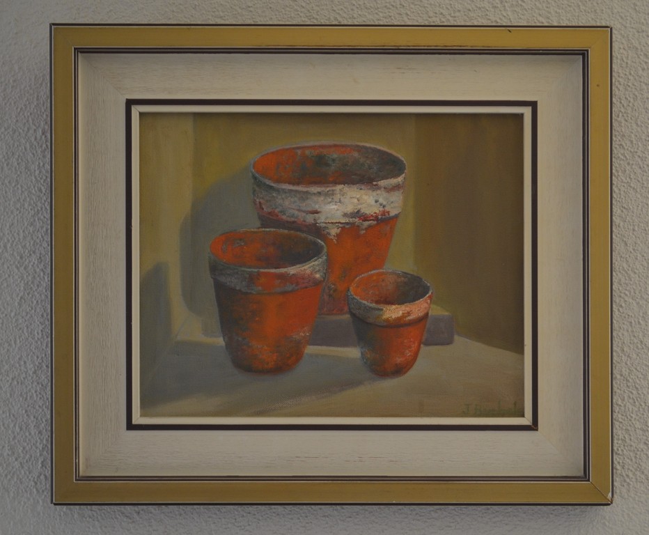 Onbekende kunstenaar (20ste eeuw): olieverf op doek, stilleven van 3 bloempotten kopen? Bied vanaf 1!