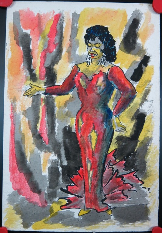 Wim Jurcka: Aquarel en stift, Vrouw in rode jurk kopen? Bied vanaf 1!