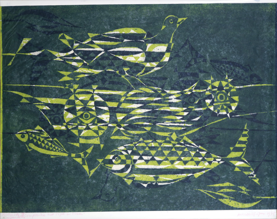Antoinette Gispen: Houtsnede, Compositie met vogel en vissen kopen? Bied vanaf 20!