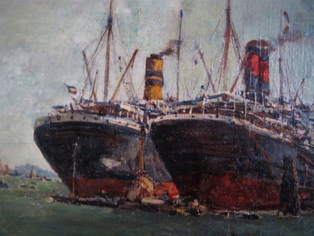 Magnifiek olieverf van Anton Dirckx (1878-1927) "Schepen in haven van Rotterdam" kopen? Bied vanaf 1!