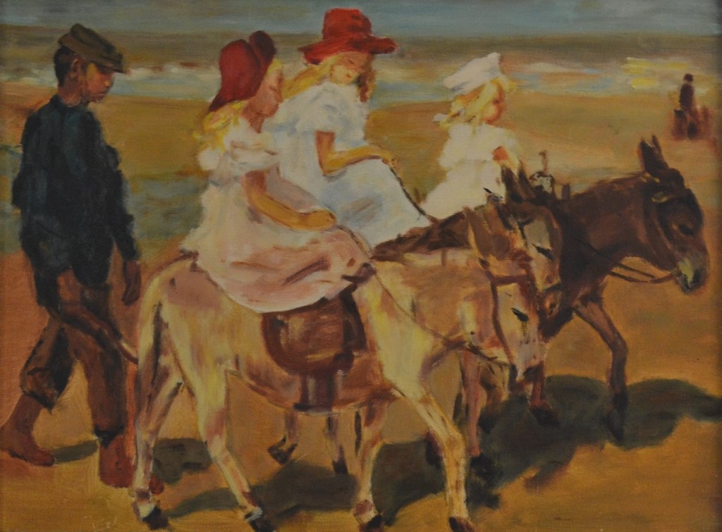 Ongesigneerd: olieverf op doek, ezeltje rijden langs het strand kopen? Bied vanaf 1!