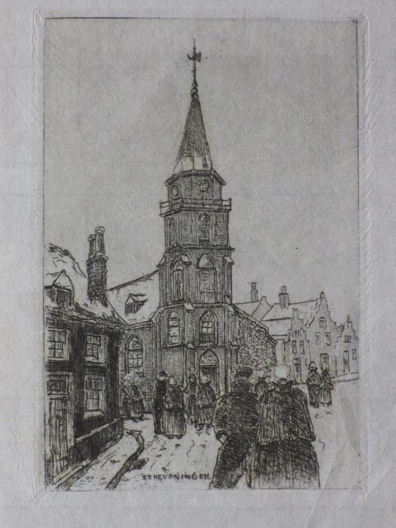 J.D.Scherft, Kerkgang te Scheveningen in de sneeuw, Ets kopen? Bied vanaf 25!