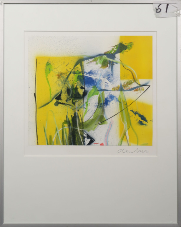 Wiegen den Uyl: Gemengde techniek, Abstracte compositie in geel - Ingelijst kopen? Bied vanaf 20!