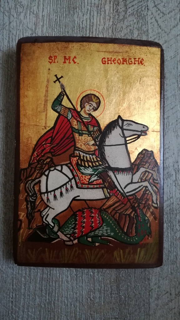 Onbekend kunstenaar, gemengde techniek, Ikoon St. Joris de drakendoder verkocht voor € 35!