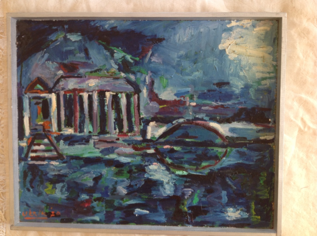 modern blauw abstract landschap, onleesbaar gesigneerd, gedateerd 1970 kopen? Bied vanaf 1!