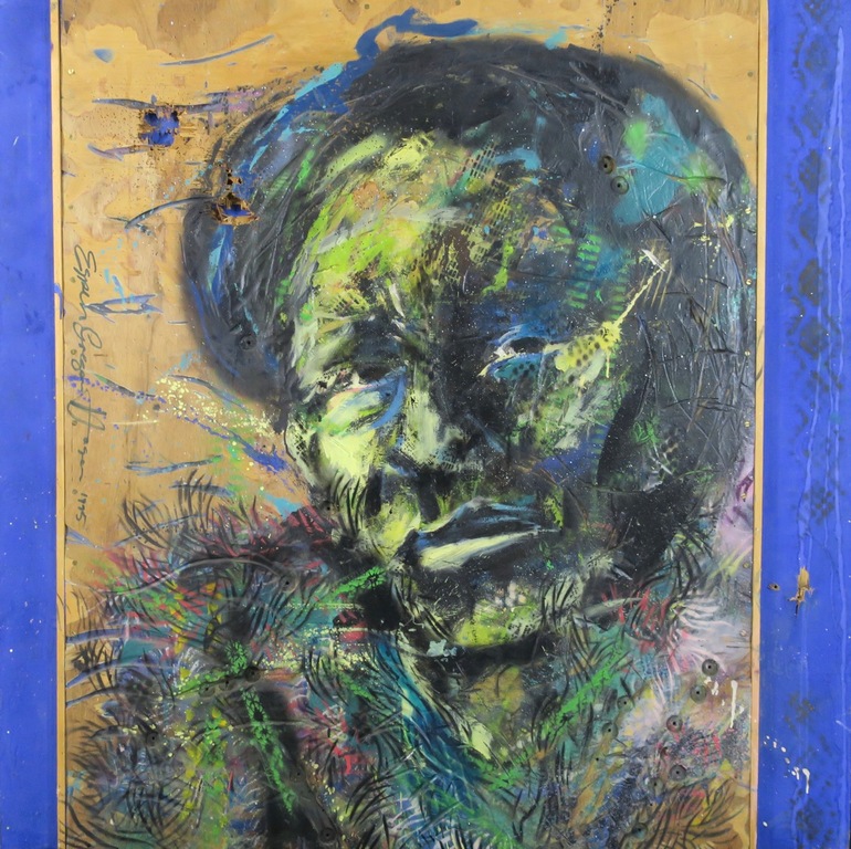 Espen Hagen: Gemengde techniek op hout, Zelfportret? (Groot) verkocht voor € 400!