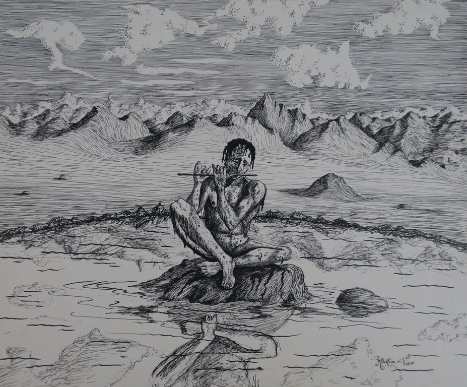 Martin van Veen: Pentekening, Fluitspeler in landschap kopen? Bied vanaf 1!