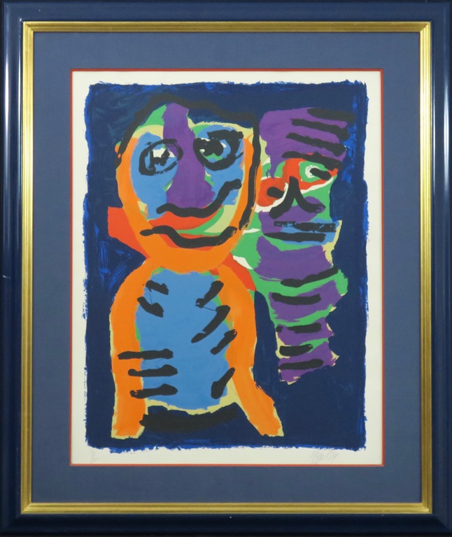 Karel Appel: Litho, Twee beesten - Mooi Ingelijst (Groot!) verkocht voor € 850!