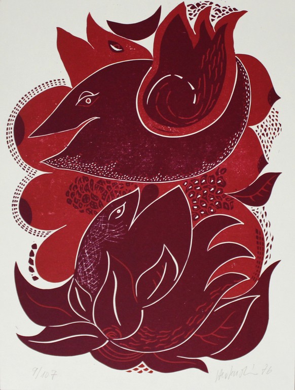 Axel Hertenstein, linoleumsnede, "Zwei Vögel ", 1976 verkocht voor € 60!