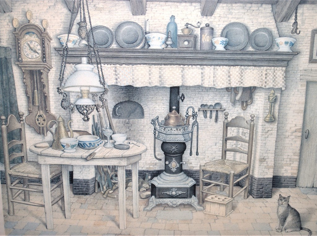 Boereninterieur - handgesigneerde litho/druk - ingelijst verkocht voor € 50!