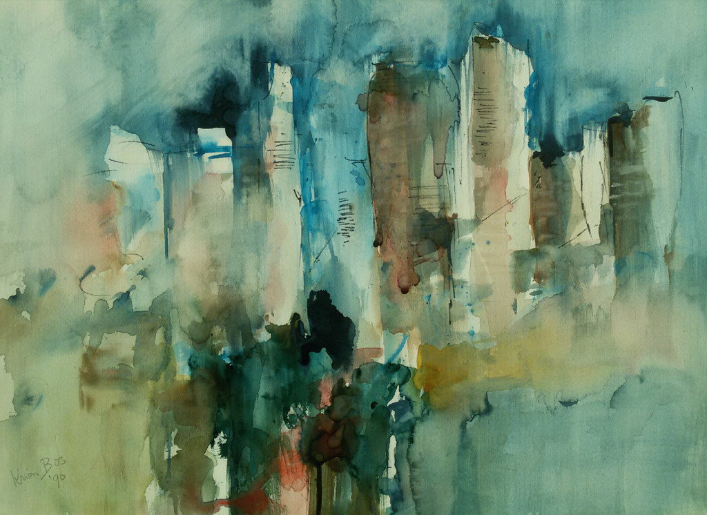Krien Bos - Skyline New York, aquarel (prachtig ingelijst) kopen? Bied vanaf 175!