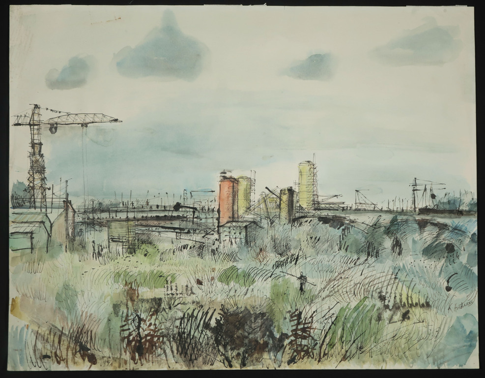 Kees Andrea: Aquarel, Industrieel landschap kopen? Bied vanaf 40!