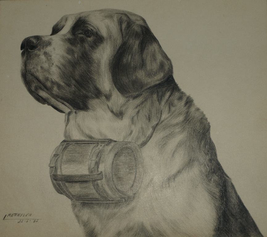 Onduidelijke signatuur : Tekening ,  St Bernardshond – ingelijst - 1962 kopen? Bied vanaf 1!