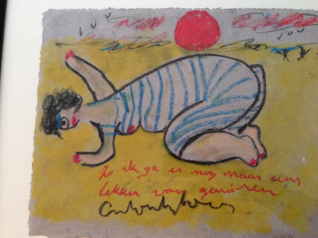 Origineel kleurrijk werk van Anton Heyboer, ingelijst verkocht voor € 275!