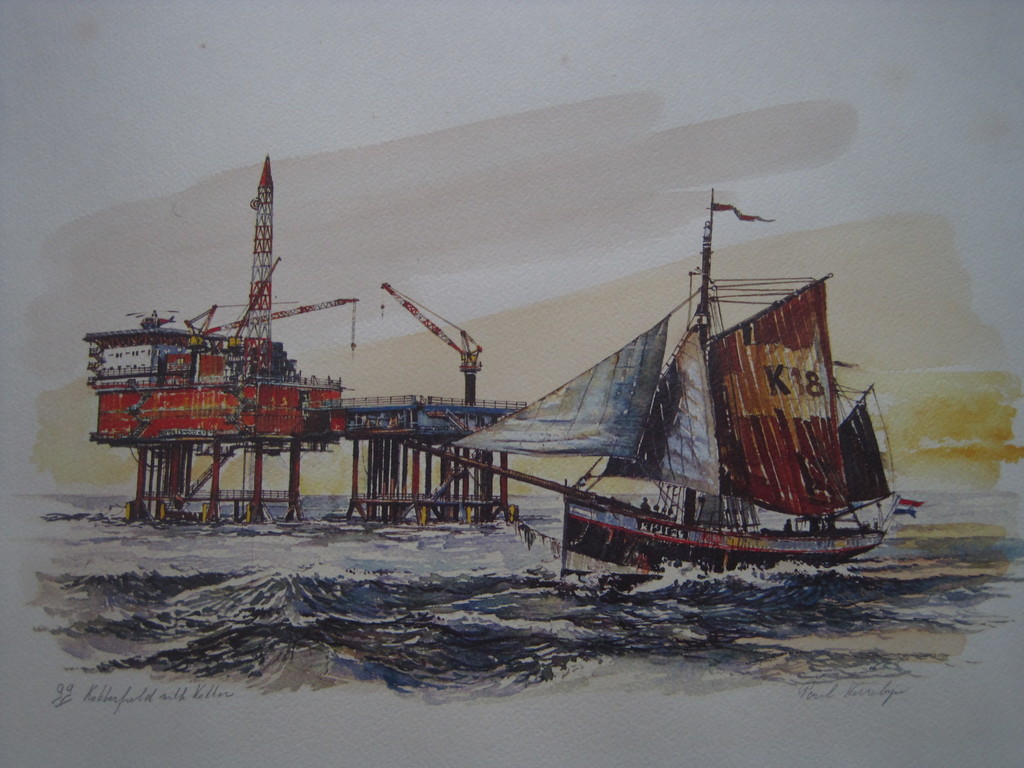 Handingekleurde Litho "Booreiland Cont.Netherlands Oil Co." van Paul Kerrebijn  kopen? Bied vanaf 1!