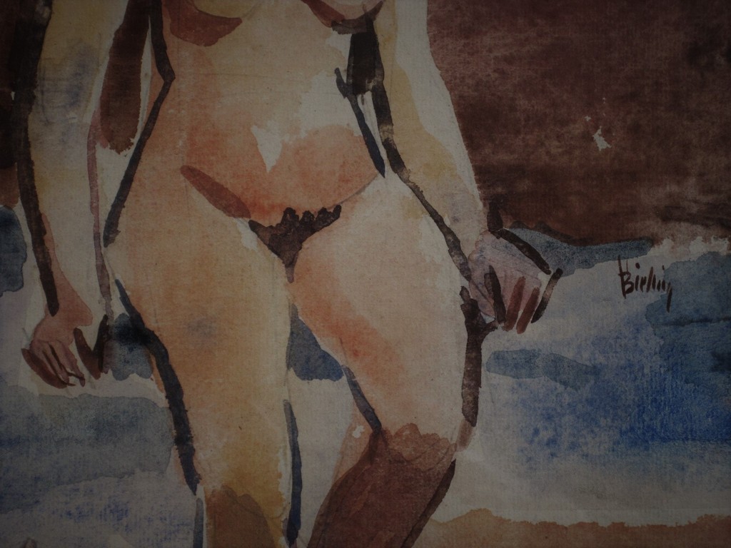 Omstr. 1920 gesigneerd Herman Bieling Rotterdam "de Branding" Aquarel "vr naakt" kopen? Bied vanaf 1!