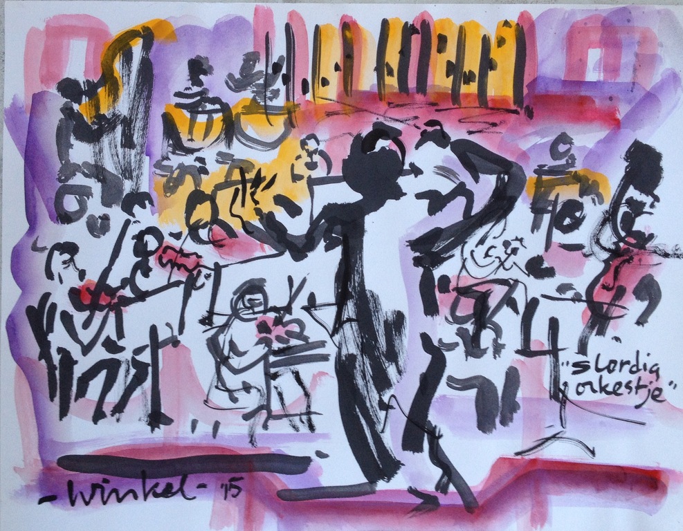 Arien Winkel - Slordig Orkestje - Origineel werk op papier verkocht voor € 65!