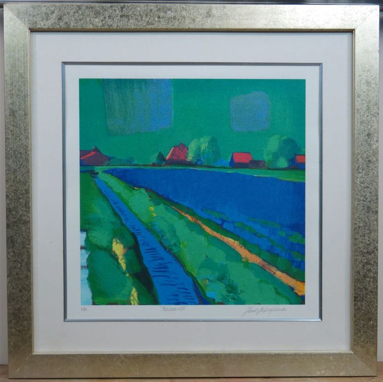 Jentsje Popma: Zeefdruk, Bollenveld -Ingelijst kopen? Bied vanaf 40!