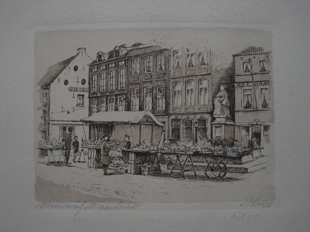 Leuke omstreeks 1980 vervaardigde  ETS "Maastricht Mooswief Markt" gesigneerd kopen? Bied vanaf 1!