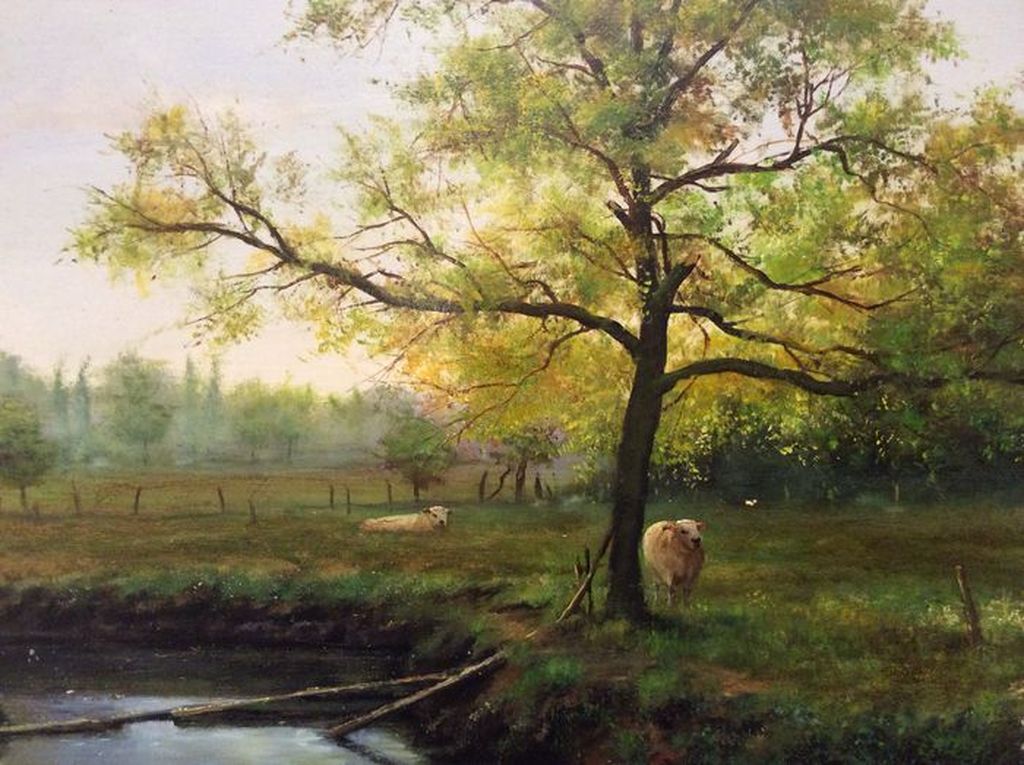 Landschap met beekje en schapen - olieverf op paneel - gesigneerd kopen? Bied vanaf 495!