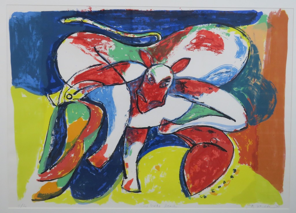 Anton Vrede: Zeefdruk, Cow birds beach - Ingelijst (Groot) kopen? Bied vanaf 70!