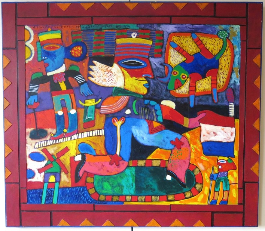 Clemens Briels: Acryl en Collage op doek, A succesful Dutch bull fighter (groot) verkocht voor € 3500!