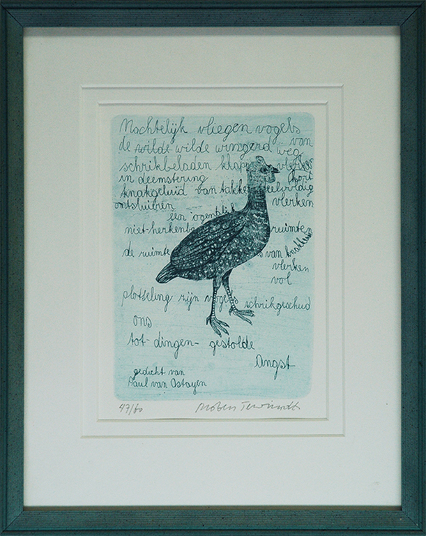Robert Terwindt: Vogelprent en gedicht Paul van Ostayen - kleurets  verkocht voor € 125!