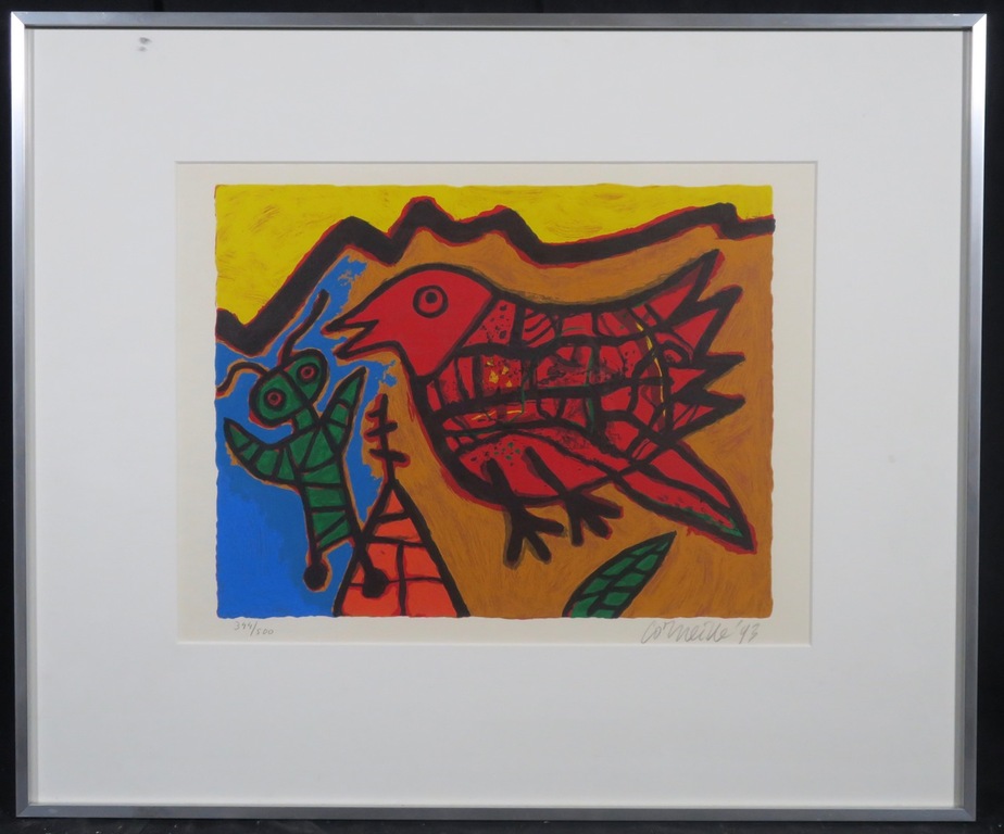 Corneille: Zeefdruk, Z.T. Vogel - Ingelijst verkocht voor € 100!