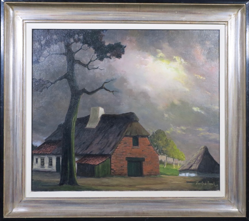 Theodore Op de Beeck: Olieverf op doek, Boerderij op de Kempen - Ingelijst verkocht voor € 50!