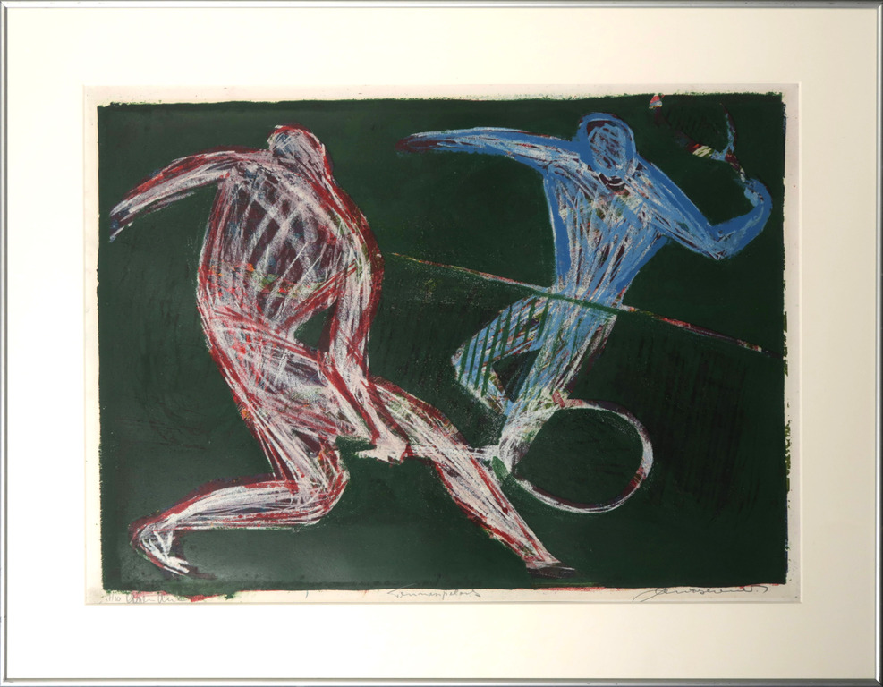 Jan Bezemer: Kleurenlitho, Tennisspelers - Ingelijst kopen? Bied vanaf 35!