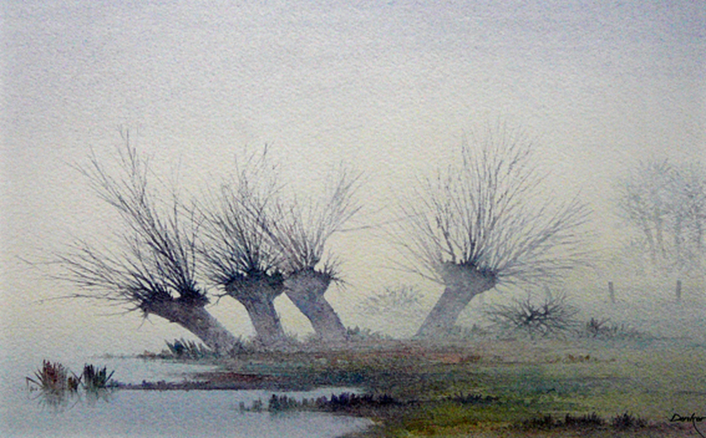 Denkor: Knotwilgen in rivierenlandschap -aquarel- kopen? Bied vanaf 40!