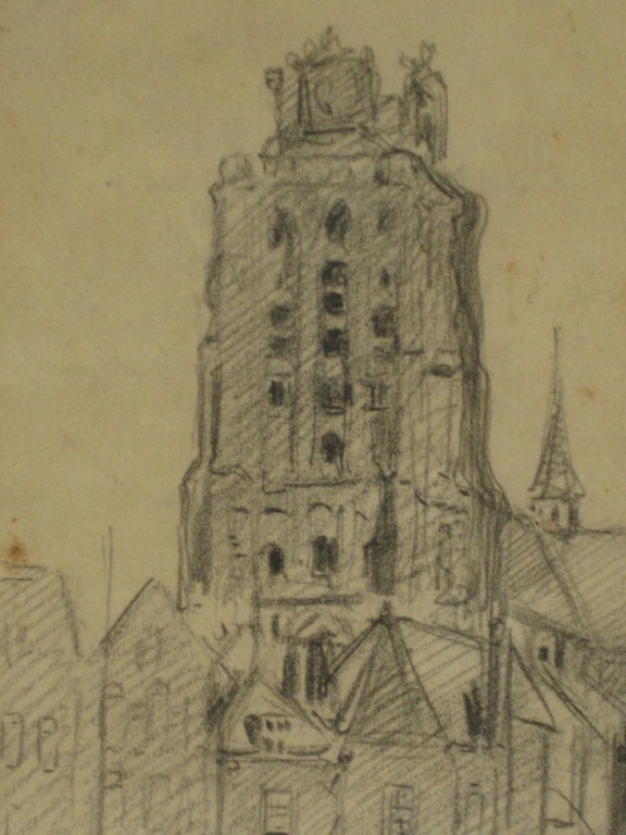 Originele 1910 potloodtekening "Dordrecht Grote kerk" Hend.D Schildt gesigneerd  kopen? Bied vanaf 1!