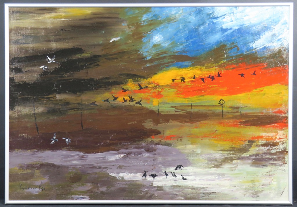 Andre Tigchelaar: Olieverf op doek, Zonsondergang op het Wad - Ingelijst kopen? Bied vanaf 1!