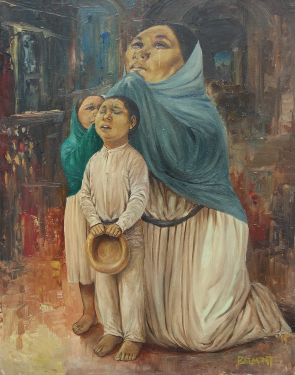 Onbekende kunstenaar - olieverf op paneel - huilende vrouw met kinderen kopen? Bied vanaf 1!