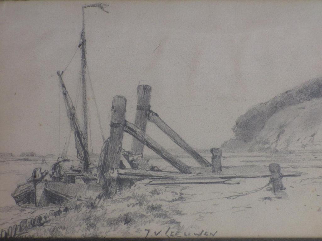 J.van Leeuwen, Afgemeerd schip aan de Nederrijn, Tekening kopen? Bied vanaf 1!
