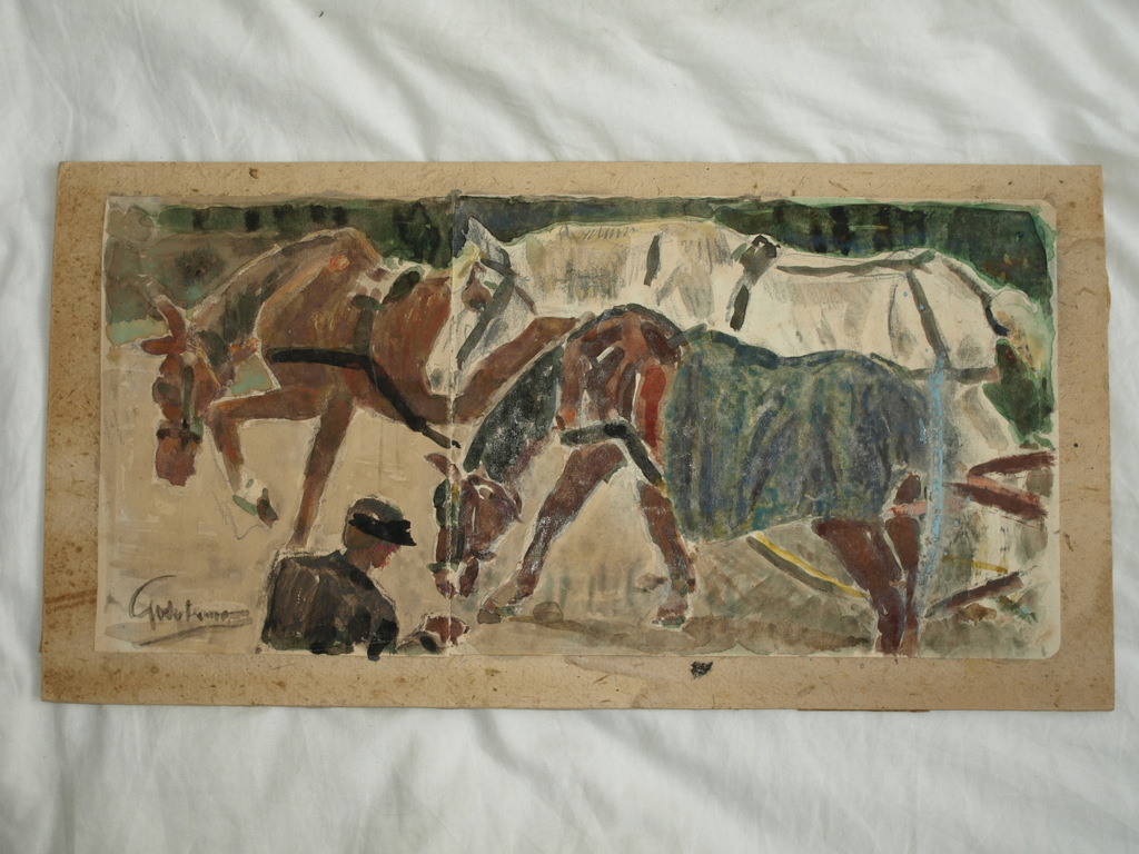 Onduidelijke signatuur: 2x Aquarel / tekening – “Paarden” en “Meisjes” - Oud kopen? Bied vanaf 1!