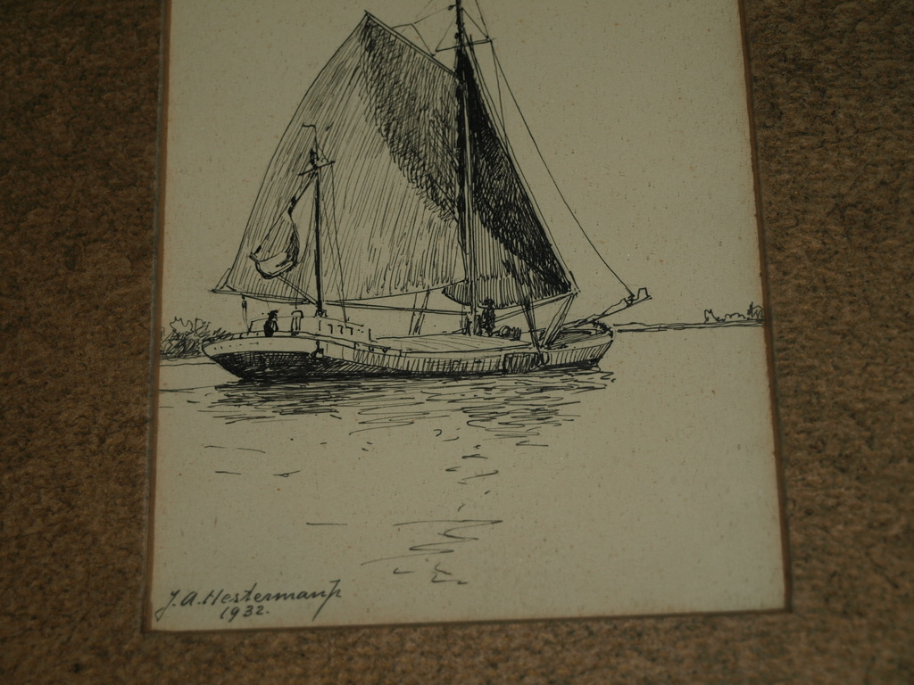 J. A. HESTERMAN Jr. (1877-1955)– Pentekening–Skûtsje-Gesigneerd & ingelijst-1932 kopen? Bied vanaf 1!