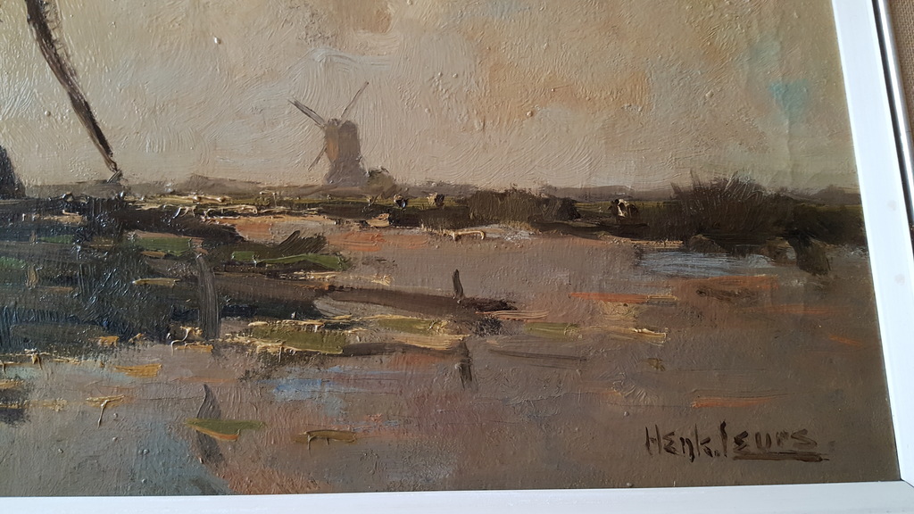 Henk Leurs schilderij van twee wipmolens in een Hollands waterlandschap.  kopen? Bied vanaf 250!