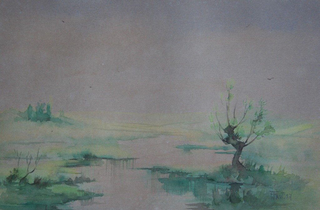 Onbekende kunstenaar - aquarel op papier - landschap met water - ingelijst kopen? Bied vanaf 1!