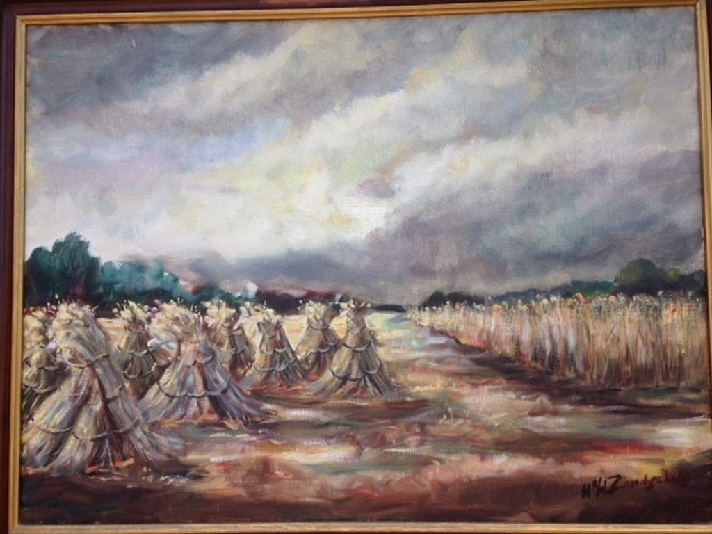 Henk van de Zandschulp, olieverf op doek, Korenschoven op het veld verkocht voor € 100!