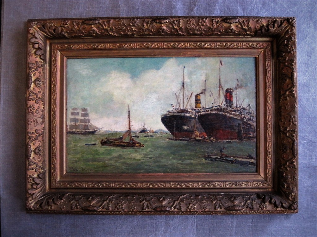 Magnifiek olieverf van Anton Dirckx (1878-1927) "Schepen in haven van Rotterdam" kopen? Bied vanaf 1!